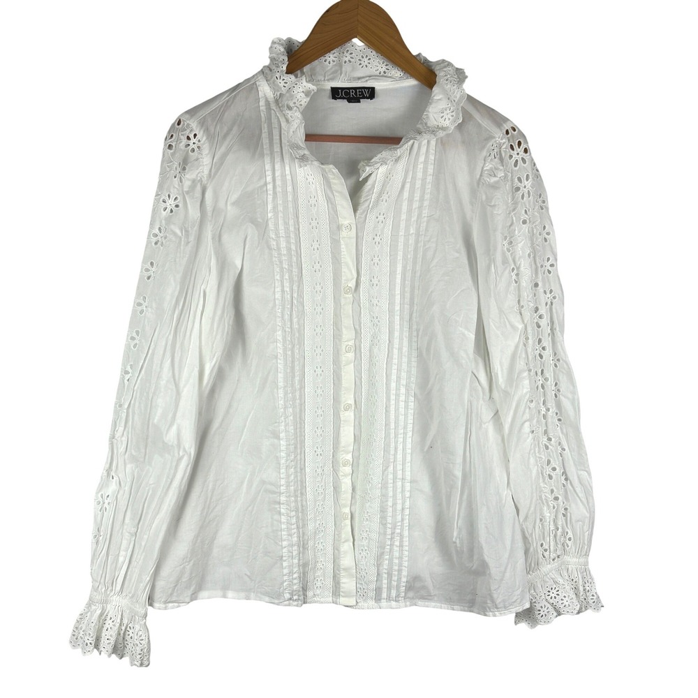 J.Crew Women Long Sleeve Button Shirt Blouse XL White Eyelet Ruffle Cottage Boho